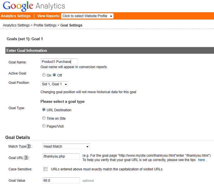 Google Analytics Goal Settings