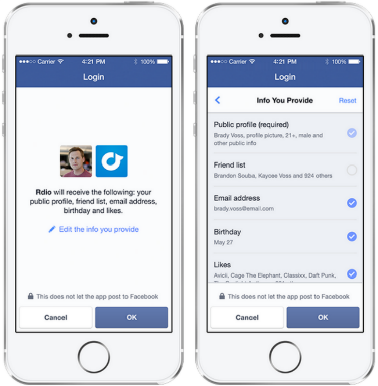 First view of the app (left) and Facebook's mobile login dialog